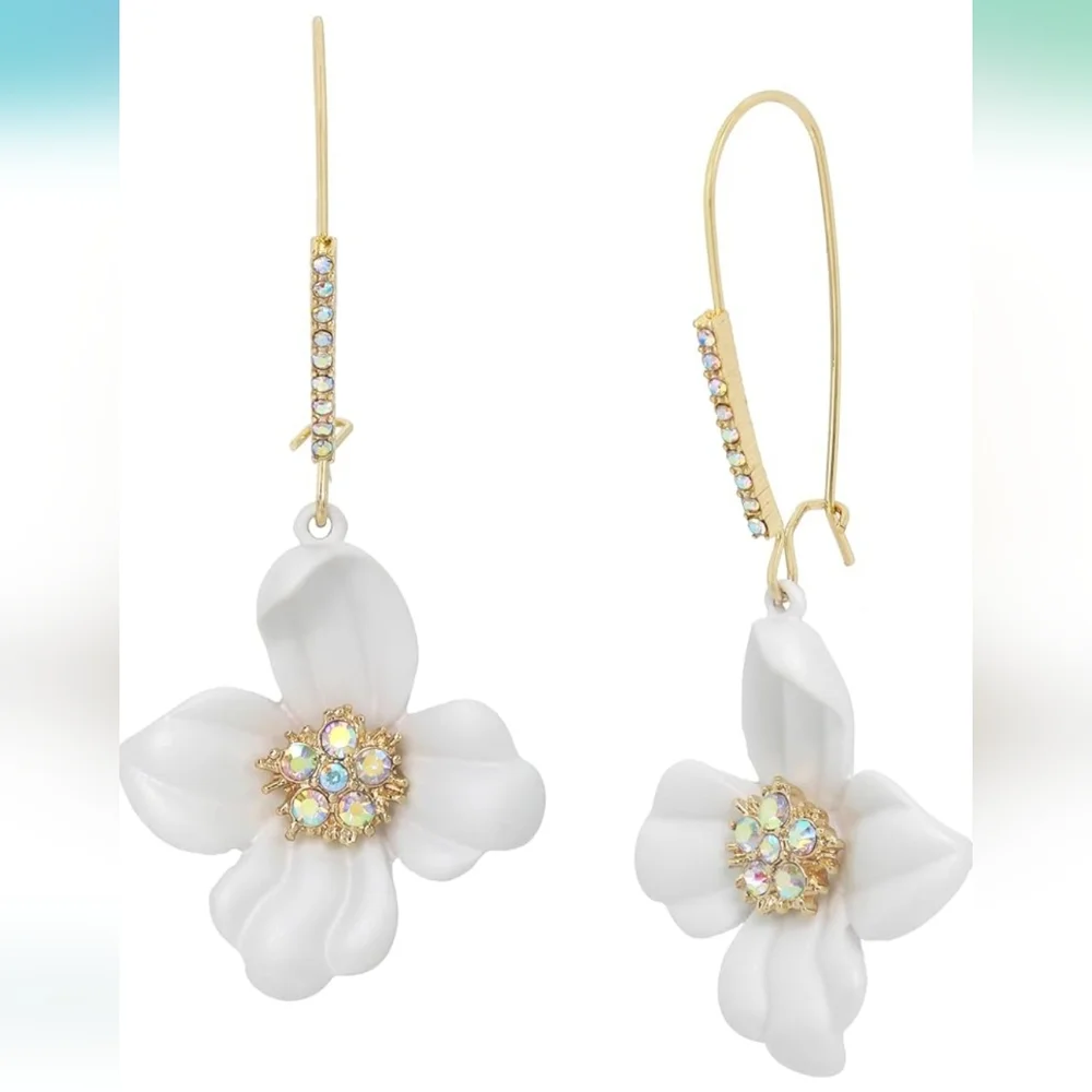 🌸Betsey Johnson Flower Dangle Earrings Gold-Tone Enamel w/ Stones🌸 - Picture 8 of 9